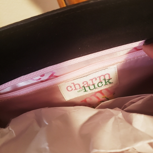 CHARM & LUCK Blk Suede w/Cry. Heart Satchel Vintage NWOT - Picture 7 of 12